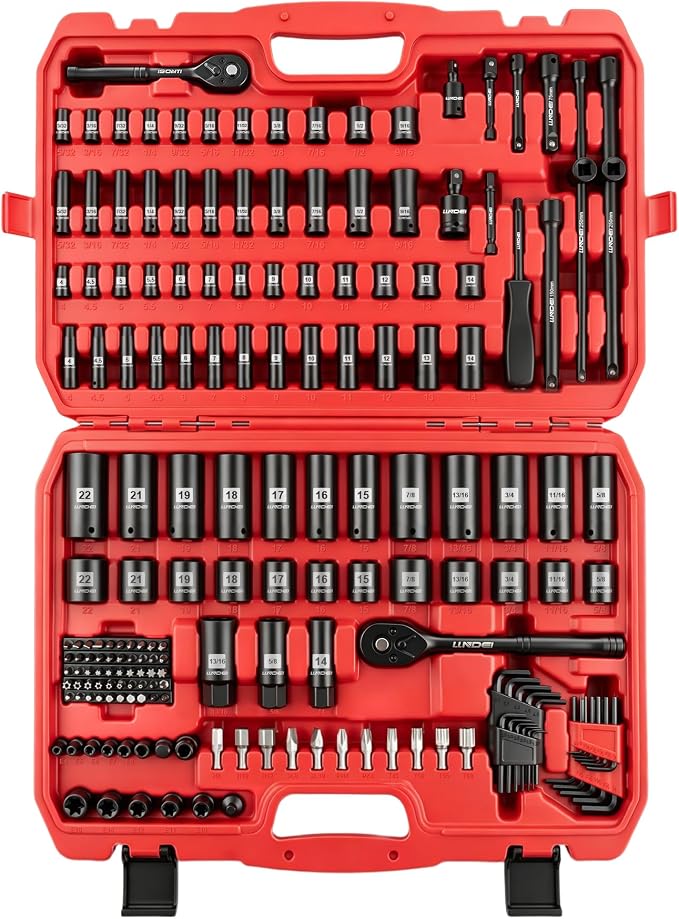 1/4 & 3/8" Drive Impact Socket Set 186Pcs SAE/Metric | CR-V Deep & Shallow Sockets, Ratchet, Spark Plug Socket, Bits, for Auto Repair Shop, Garage, Engine Rebuilding & DIY Projects
