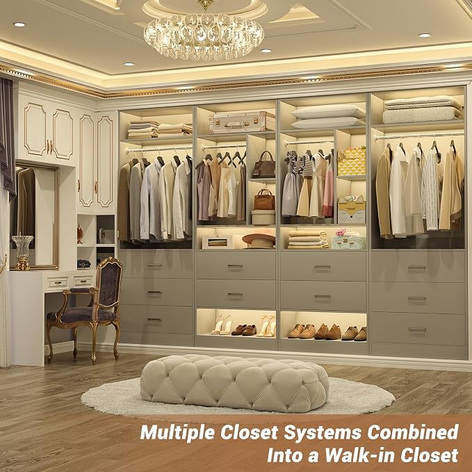 Besiost 4FT Closet Systems with 5 Wood Drawers, 48 Inch Closet Organizer System with 2 Hanging Rods & 7 Shelves, Heavy Duty 48" Walk-in Closet, Grey (48"L x 15" W x 80" H)