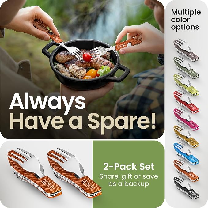 Orblue 4-in-1 Camping Eating Utensils, 2-Pack - Portable Spoon, Fork, Knife & Bottle Opener Combo Set - Stainless Steel Flatware with Detachable Fork - Travel, Backpacking Cutlery Multitool, Orange