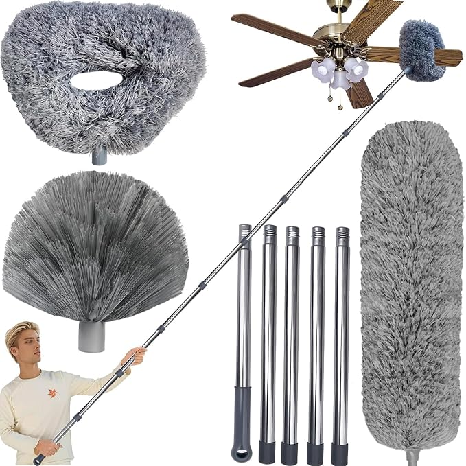 20+ Ft High Reach Ceiling Fan Duster & Cobweb & Corner Brush Duster with 3-14 ft Spliceable Pole Microfiber Feather Duster for Spider Web, High Ceiling, Blinds, Furniture Cleaning Tool Kit