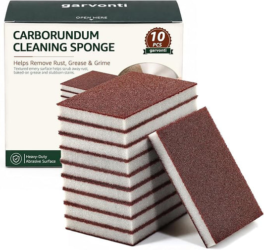 10 Pack Magic Carborundum Cleaning Sponge, Heavy Duty Rust Eraser Pads for Kitchen Cast Iron Skillets, Grill Grates, Stove Tops, Pots, Tools, Brown Nano Melamine Emery Scouring Sponges