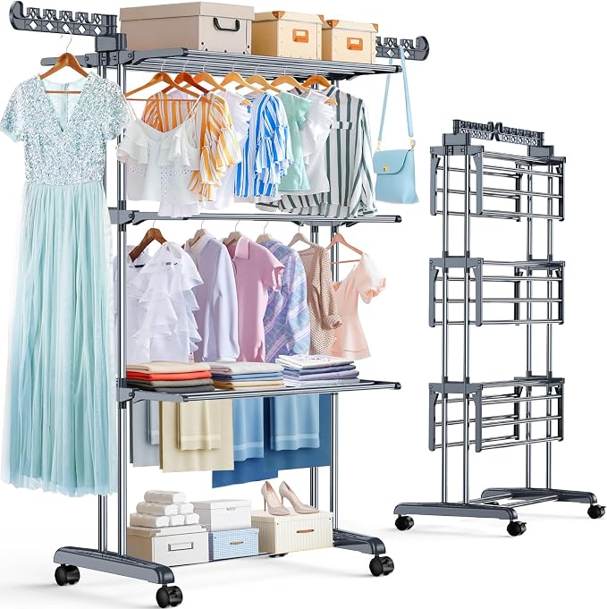 Reinforced Clothes Drying Rack Foldable, 4-Tier Drying Rack with Wheels | Heavy Duty Foldable Laundry Drying Rack for Indoor Outdoor Air Drying, Ideal for Large Families, 19.68"D x 29.92"W x 67.70"H