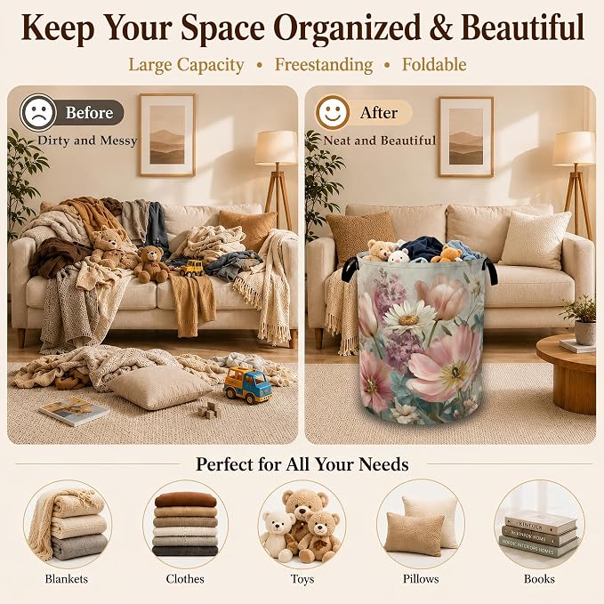 Pink Daisy Floral Large Laundry Hamper, Collapsible Oxford Clothes Basket with Handles, Freestanding Dirty Clothes Organizer for Bedroom Bathroom Dorm Laundry Room, 16 x 20.8 Inch