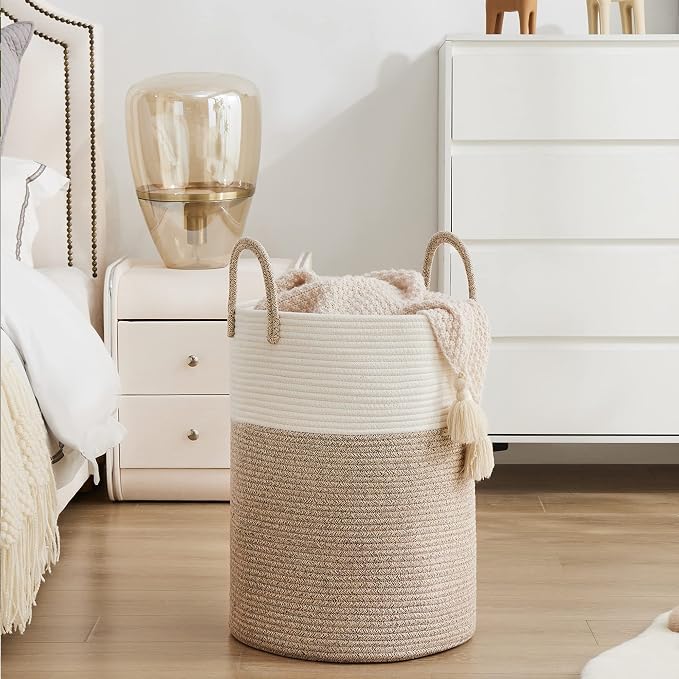 YOUDENOVA Woven Rope Laundry Hamper Basket, 58L Tall Laundry Basket, Baby Nursery Hamper for Blanket Storage in Bedroom-Large-Brown | Large Woven Laundry Hamper with Sturdy Handles, Collapsible Home Decor Laundry Basket for Laundry, Clothes, Toys in Be...