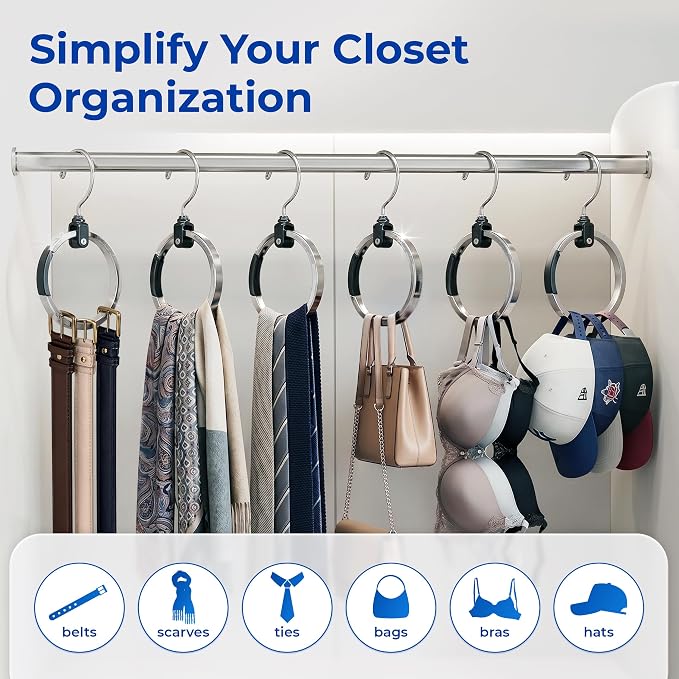 Rolly Hanger® Premium Closet Organizer, Rotating Aluminum Ring Hanger with 360° Swivel Hook, Space Saving Accessory Holder for Belts, Ties, Hats, Scarves, Purses & Handbags | Closet Organizer (3 Pack)
