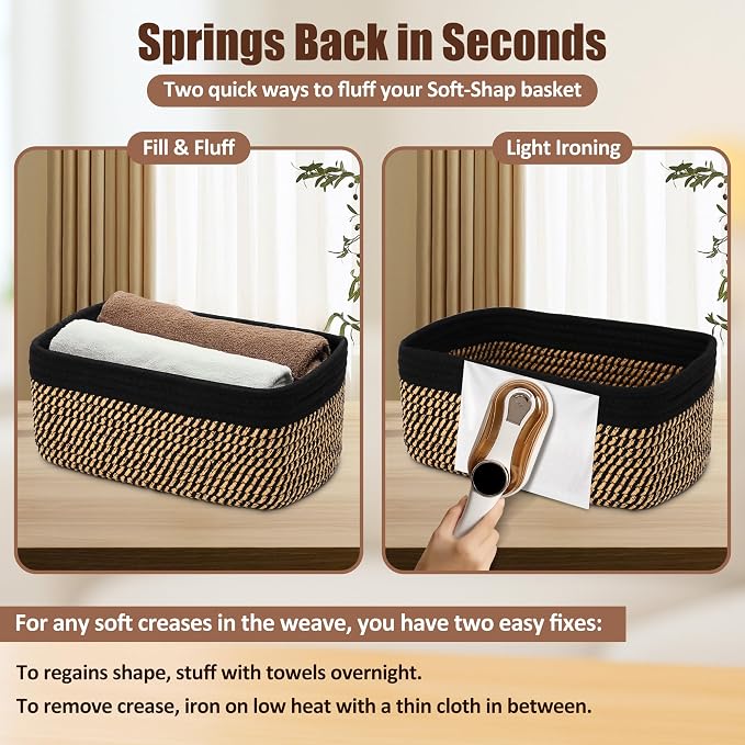 5-Pack Small Woven Rope Storage Baskets – 2 Sizes Organizer Bins for Closet, Shelf, Bookshelf, Nursery, Changing Table, Fabric Cube Boxes, Rectangular Shallow Bins for Bathroom, Toy & Home