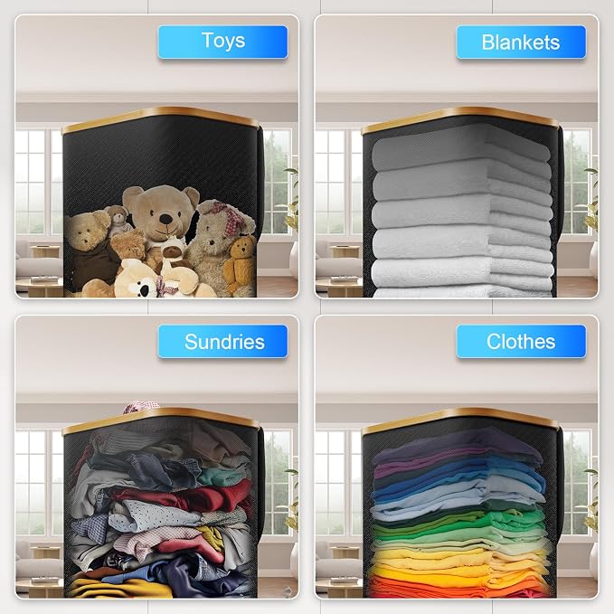 Laundry Hamper with Wheels,20 Gal (75L) Laundry Basket with lid Rolling Clothes Hamper Foldable Dirty Clothes Basket on wheels with Bamboo Frame and Bag for Bedroom, Dorm, Laundry Room-Black | Clothes Hampers for Laundry with Inner Bag, Dirty Clothes H...