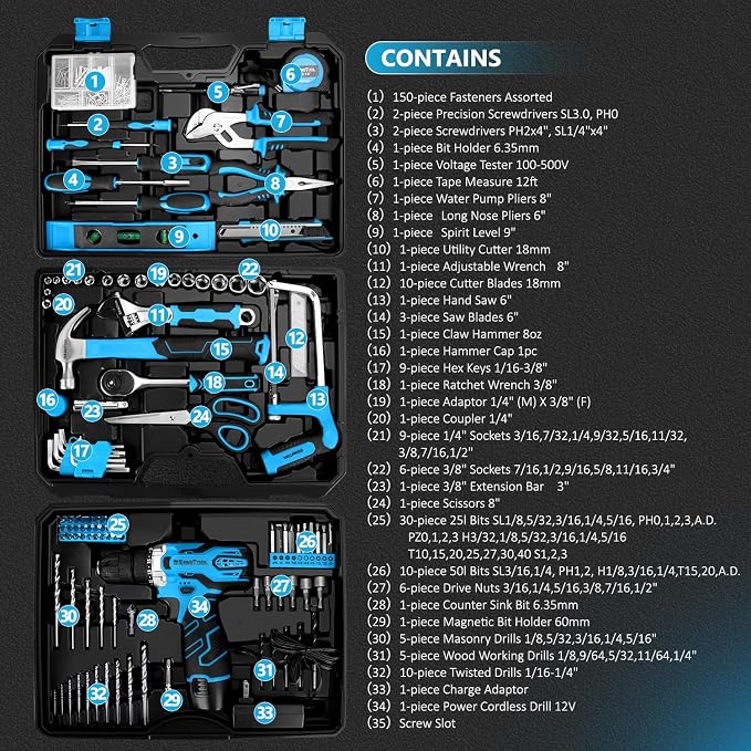 KingTool 276-Piece Tool Set Kit - Tool kit with 12V Cordless Power Drill Driver Toolbox Storage Case with Drawer, Drill Set Perfect for Homeowner, Diyer, Handyman（Blue）