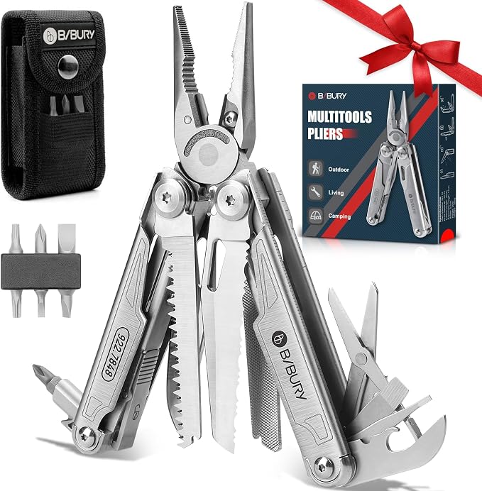 BIBURY Multitool with Pocket Knife, 19-in-1 Stainless Steel Pliers with Scissors, Self-locking Multi tools with EDC Sheath for Home, Camping, Hiking, Survival, Gifts for Men, BI2038A