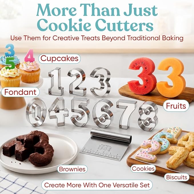 Bakerpan Stainless Steel Big Number Cookie Cutter Set - 9 Large 3.5 Inch Number Cookie Cutters 0-9 (Reversible 6/9) for Cookies, Biscuits, Fondant, Birthdays & Cake Decorating + Bonus Dough Cutter
