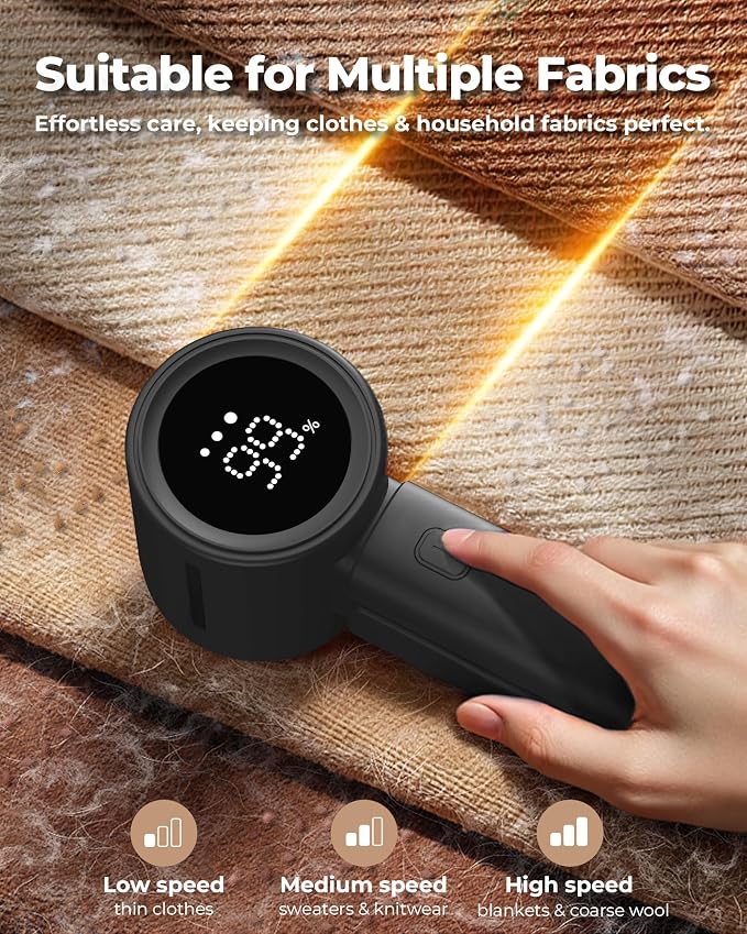 Fabric Shaver, Electric Lint Remover, Sweater Shavers to Remove Pilling with 3 Speeds, 6 Leaf Blade, LED Display & Type-C Rechargeable, Removes Fuzz, Pills for Clothes, Couch, Furniture
