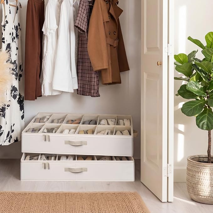 StorageWorks Underbed Shoe Storage Organizer, Fits up to 24 Pairs, Ivory | Cottlyn Fabric, Adjustable Dividers, 5.25" Height, Fits 6-inch+ Clearance, Clear Top, Soft Handles, For Closet, Bedroom