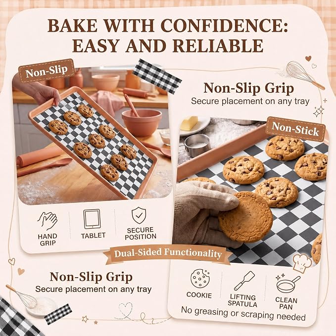 Domensi 2 Pcs Checkered Silicone Baking Mat Non-Stick Reusable Oven Liner, Food Grade Silicone Roasting Mat with Anti-Slip Grid Design for Baking, Oven, Air Fryer(Black and White, 16.4 x 10.8 Inch)