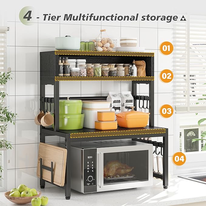 EnHomee 4-Tier Microwave Stand for Kitchen Storage, Black | 205 lb Capacity, Adjustable Kitchen Shelves with 9 Hooks & Cutting Board Rack