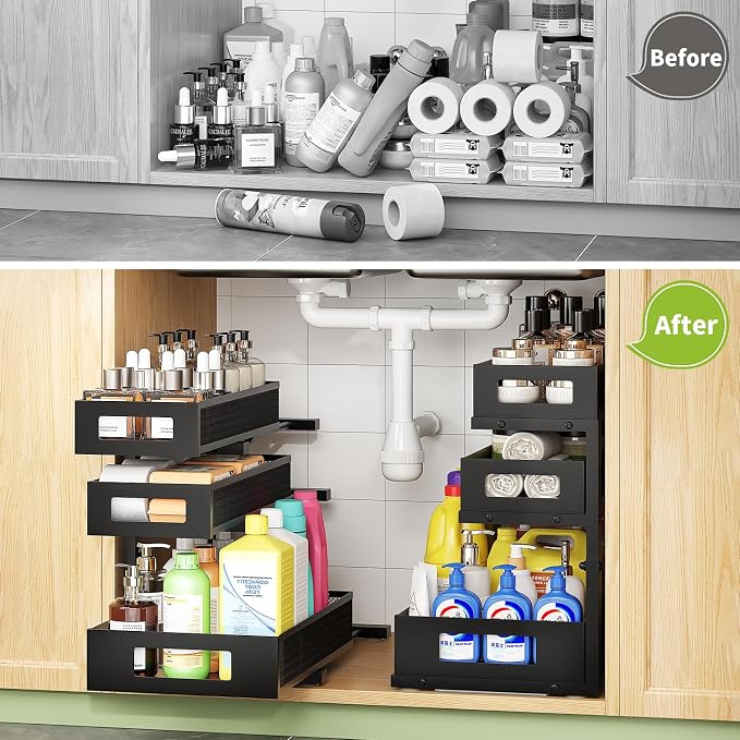 3-Tier Under Sink Organizer,2 Pack Height Adjustable Pull Out Cabinet Organizer Shelf, Thickened Metal Slide out Storage Drawer Rack for Bathroom Laundry Room Kitchen Pantry Organization (Black)