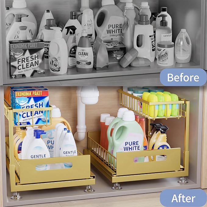 Saydear 2-Pack L-Shaped Under Sink Organizer, 2-Tier Pull-out Cabinet Rack | Gold Height-Adjustable Steel Rack, Sliding Grid Drawers with PP Liners, Holds 100 Lbs, Suction Base, Ideal Kitchen Storage