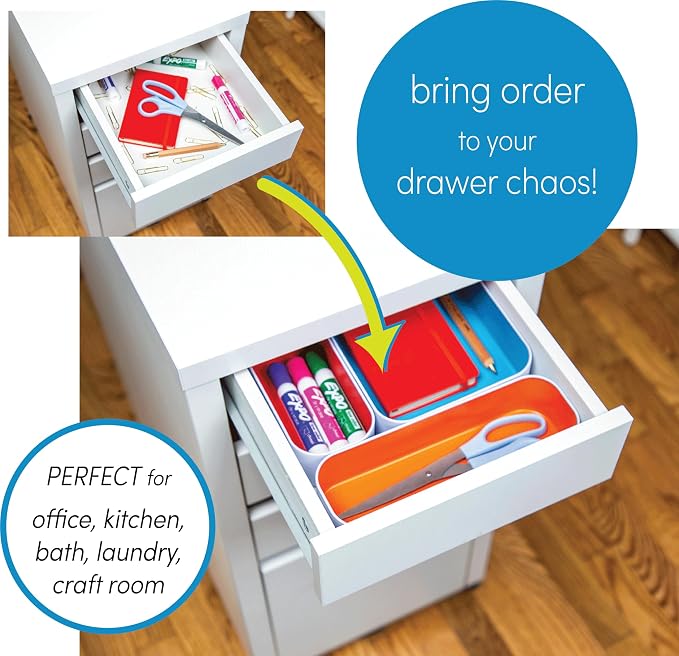 Three by Three Seattle Metal Drawer Organizer Tray Set, 10-Pc (Gray Mix) | Colorful food-safe metal bins; soft non-scratch base; organize utensils, makeup & supplies across every room