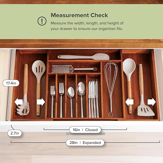 KitchenEdge Premium Silverware, Flatware and Utensil Organizer for Kitchen Drawers, Food-Safe Contract Grade, Expandable from 16 to 28 In, Natural Acacia