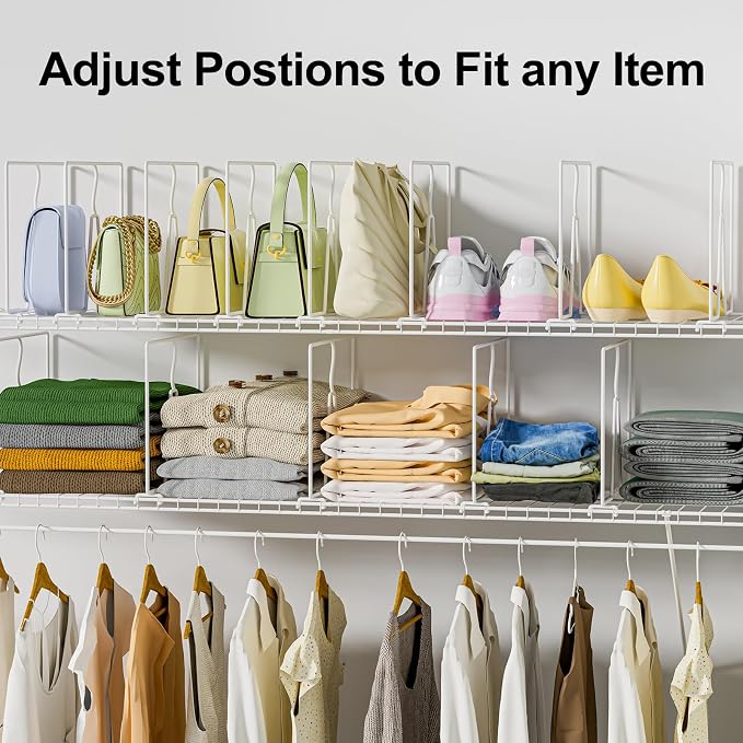 SortNStore Wire Shelf Dividers for Closet: 16-inch Tall 12-inch Deep 6 Pack Wire Rack Accessories - Adjustable Purse Organizer for Sweaters Clothes Towels- Metal Linen Closet Pantry Separators