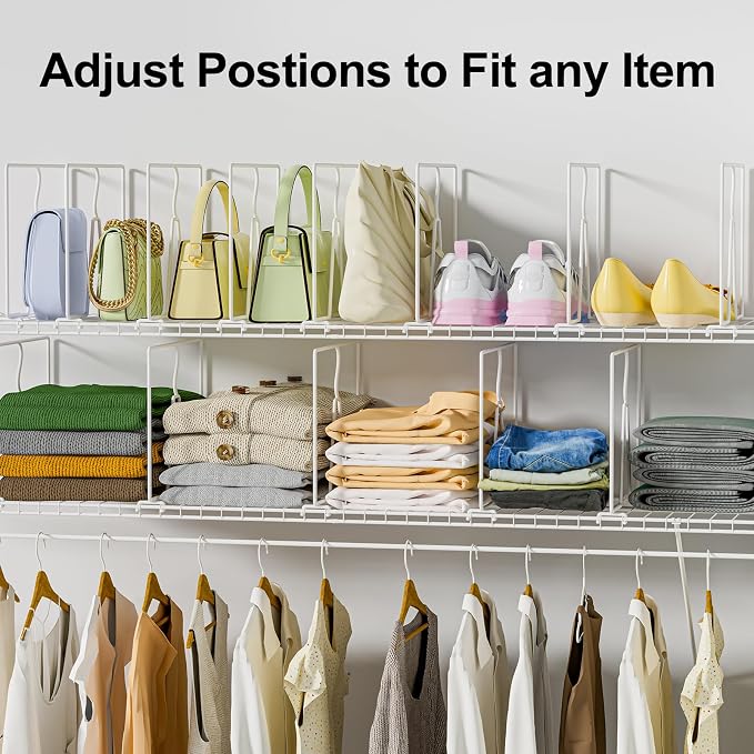 SortNStore Wire Shelf Dividers for Closet: 12-inch Tall 12-inch Deep 6 Pack Wire Rack Accessories - Adjustable Purse Organizer for Clothes Handbags - Metal Linen Closet Pantry Separators