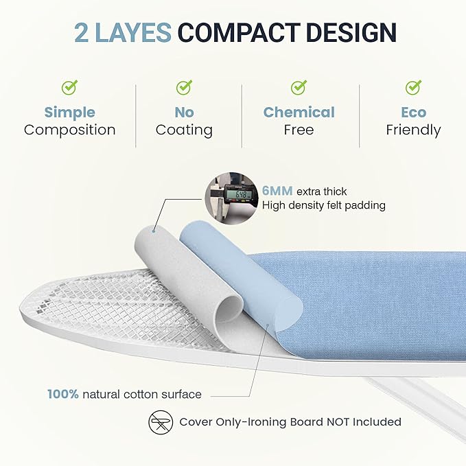 UniSimp Ironing Board Cover and Pad 18"x49" Extra Thick Natural Cotton, Scorch and Stain Resistant Iron Board Cover, Wide Ironing Board Cover with Fasteners Heavy Duty Heatproof Elastic Edge Blue
