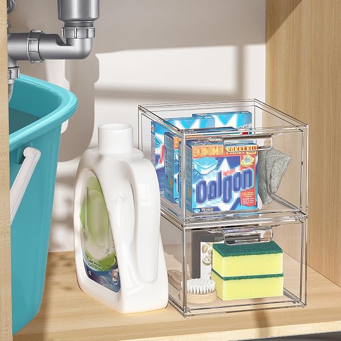 SpaceHacks 6 Pack Stackable Makeup Organizer and Storage, Acrylic Organizers，Clear Plastic Storage Drawer with Pull-Out Handles for Vanity, Undersink, Kitchen Cabinets, Pantry