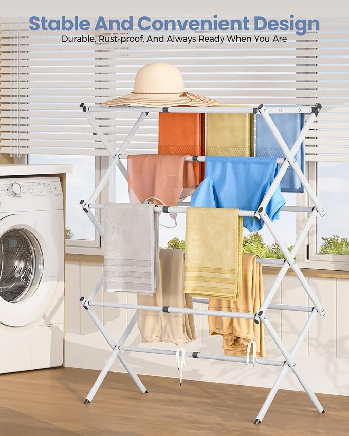 APEXCHASER Oversize 3-Tier Clothes Drying Rack, No Install, White | Expandable Design, Non-slip feet, Tool-free Setup, Rust Prevention, Sturdy Construction, 14.9" D x 29.3" W, Holds 24lbs