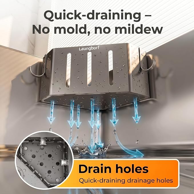 Kitchen Sink Sponge Holder – Adhesive No-Drill Caddy – Laungborf – Rustproof Carbon Steel, Fast Drainage Holes, 2 Stainless Hooks & 4 Pads – Triangle for Corner Sink(Gray)