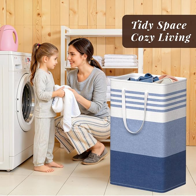WOWBOX 2 Pack Laundry Baskets, Laundry Hampers, Freestanding Dirty Clothes Hampers with Reinforced Handles & Cross Stitch & Waterproof Coating, for Laundry Bedroom Bathroom Dorm,88L Blue