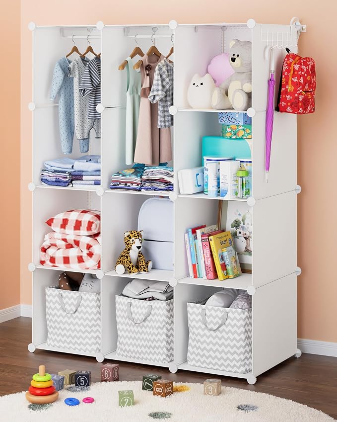 CUBEDIY Baby Closet Organizer for Nursery: Durable Baby Wardrobe for Closet - Customizable Baby Dresser Amoire Shelves - Waterproof Shelf Clothes Organizer w/Wall Fixation (White)