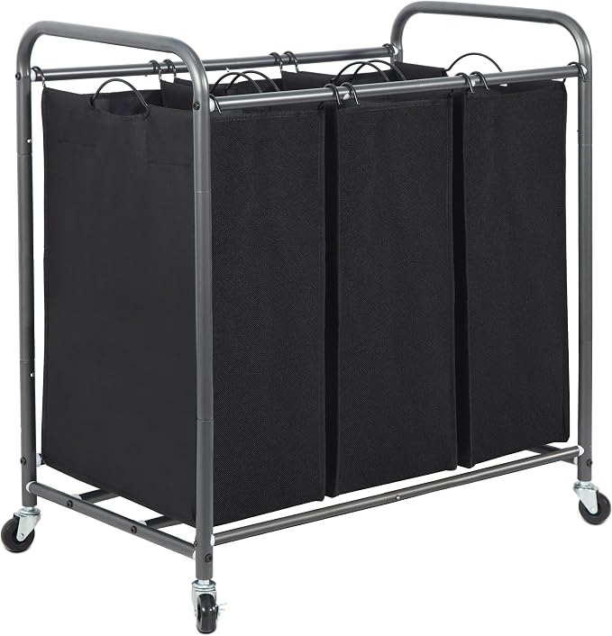 STORAGE MANIAC 3 Section Laundry Sorter, 35.6 Gal (135 L) Laundry Hamper Cart with Heavy Duty Rolling Lockable Wheels and Removable Bags, Clothes Organizer Basket Separator Hamper, Black