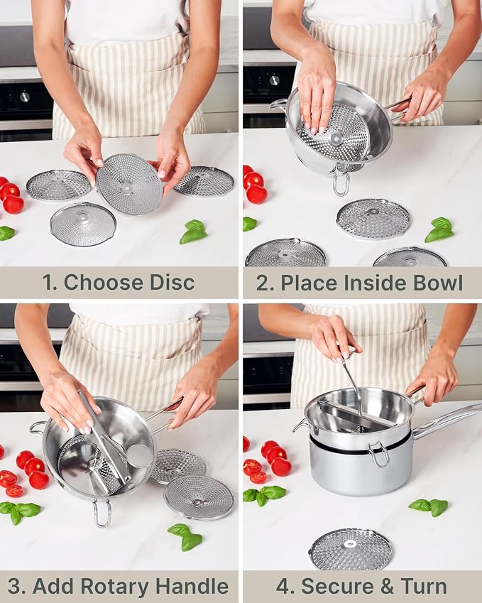 Premium 4-Disc Stainless Steel Food Mill – Ergonomic Rotary Hand Crank for Tomato Sauce, Canning, Applesauce, Baby Food, Mashed Potatoes, Puree & Jams