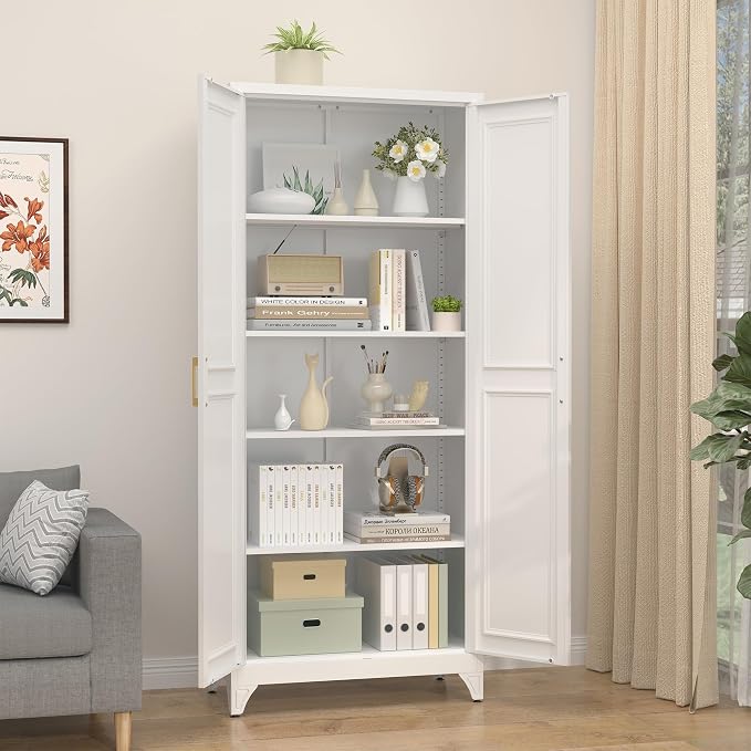SteeLoong 75”Metal Pantry Storage Cabinet with Doors & 4 Adjustable Shelves | Kitchen Pantry Cabinet,White Kitchen Cabinet with 2 Gold Handles,Tall Cabinet for Livingroom,Pantry, Bathroom,Kitchen,Garage