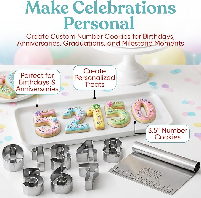 Bakerpan Stainless Steel Big Number Cookie Cutter Set - 9 Large 3.5 Inch Number Cookie Cutters 0-9 (Reversible 6/9) for Cookies, Biscuits, Fondant, Birthdays & Cake Decorating + Bonus Dough Cutter