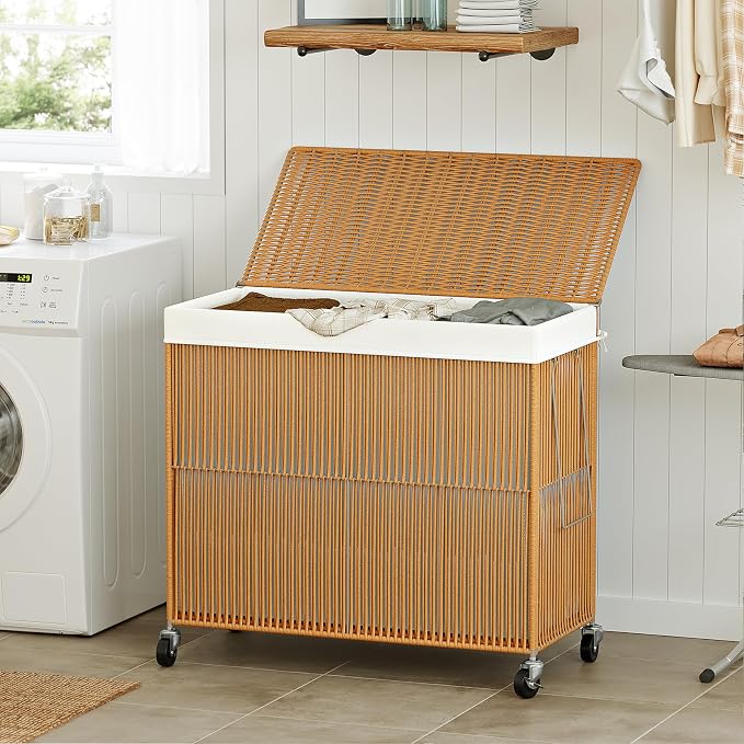 WOWLIVE Laundry Basket 3 Section, Handwoven Laundry Hamper with Wheels | Rolling Clothes Hamper with Lid and Divided Removable Bag, 160L Large Laundry Sorter, Laundry Room Organization, Natural