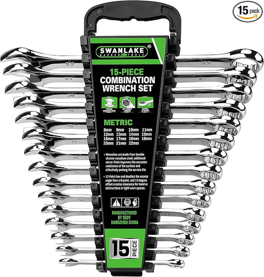 SWANLAKE 15-Piece Metric Combination Wrench Set, 12-Point Max Torque Open End Wrench Set, Cr-V Steel Wrenches 8, 9, 10, 11, 12, 13, 14, 15, 16, 17, 18, 19, 20, 21, 22mm with Storage Rack