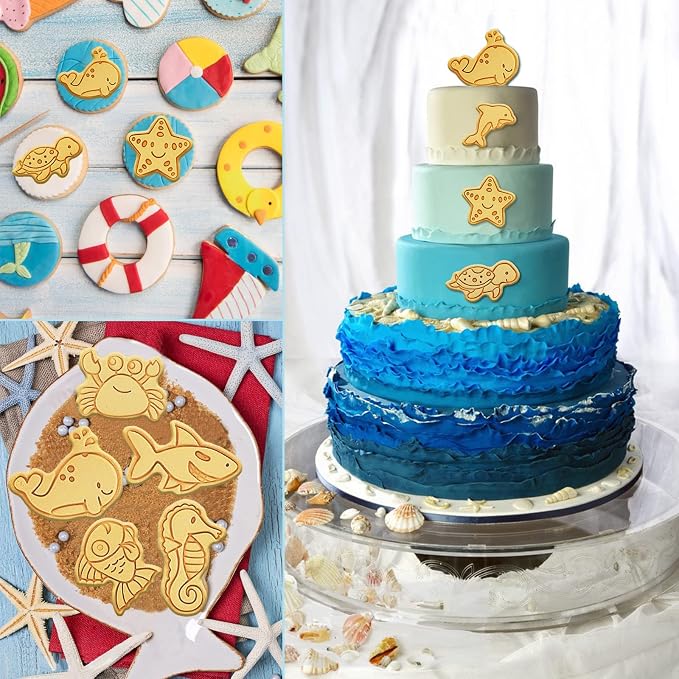 Ocean Cookie Cutters With Plunger Stamps Set,8 Piece See Cookie Cutters,Sea Embossing Cutter For Fondant Biscuit Cheese Baking