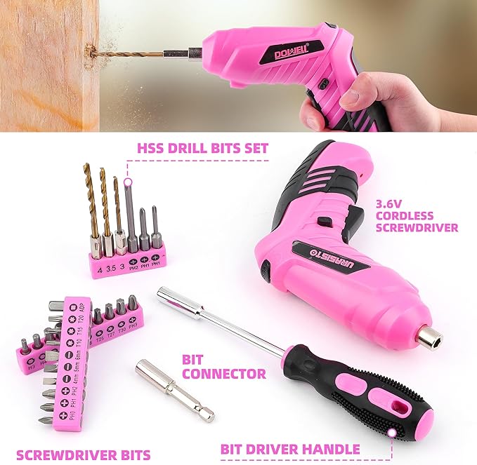 URASISTO 123 Piece Pink Household Tool Set with 3.6V USB Electric Screwdriver, Home Tool Kit with Cordless Lithium-ion Drill Driver, HandTool Kits for Women