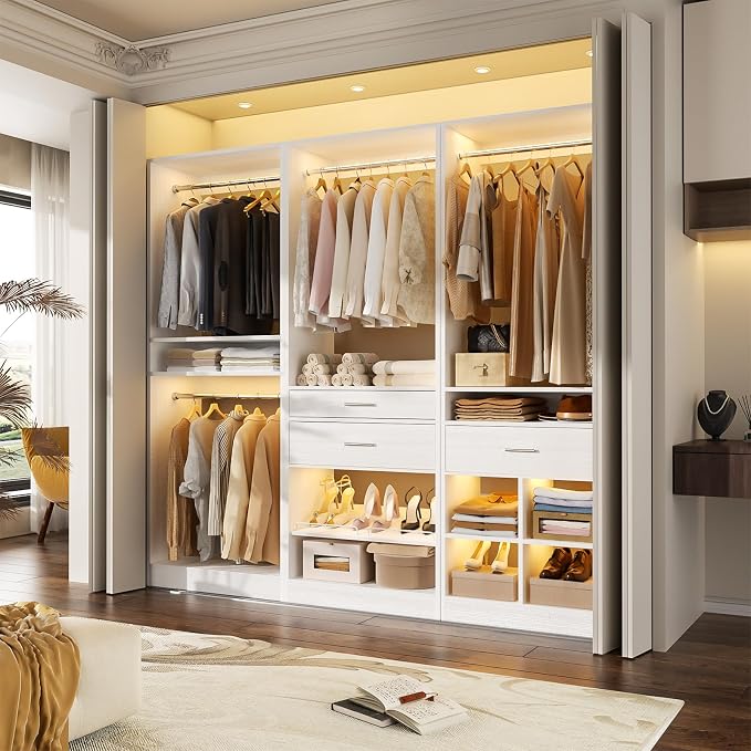Unikito Closet System Set of 2, 4FT Closet Systems with 2 Wood Drawers, 50" Closet Organizer System with 3 Hanging Rods & 2 Shelves, Heavy Duty 50 Inch Walk-in Closet , White (50" L x 16" W x 80" H)