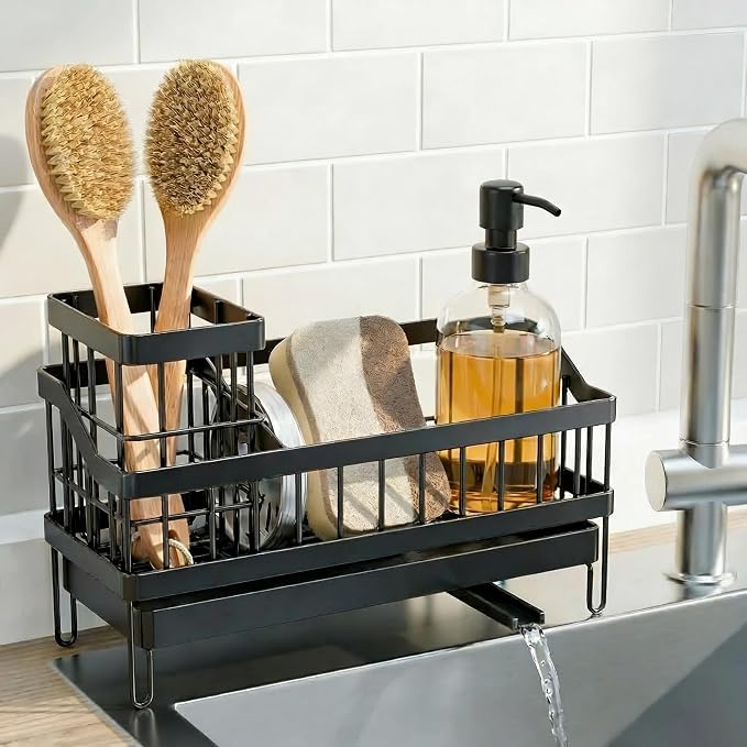Sink Caddy with 360° Rotating Self Draining, Countertop Sponge Holder, Sink Side Organizer for Bottle Brushes, Sink Accessories for Kitchen, Bathroom - Black