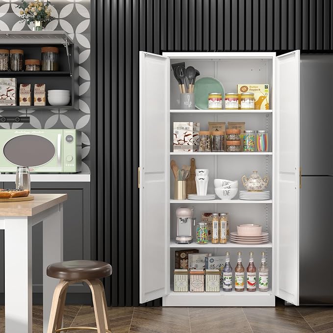 SteeLoong Kitchen Pantry Cabinet,71”White Metal Pantry Storage Cabinet with Doors and 4 Adjustable Shelves,Kitchen Cabinet with 2 Gold Handles,Tall Cabinet for Livingroom,Pantry, Bathroom,Kitchen