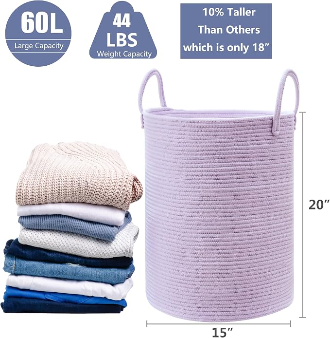 60L Large Purple Hamper Laundry Basket for Nursery Kids Lavender | Tall Woven Blanket Basket for Girls Cotton Rope Lilac Clothes Hamper in Bedroom 15Dx20H inches