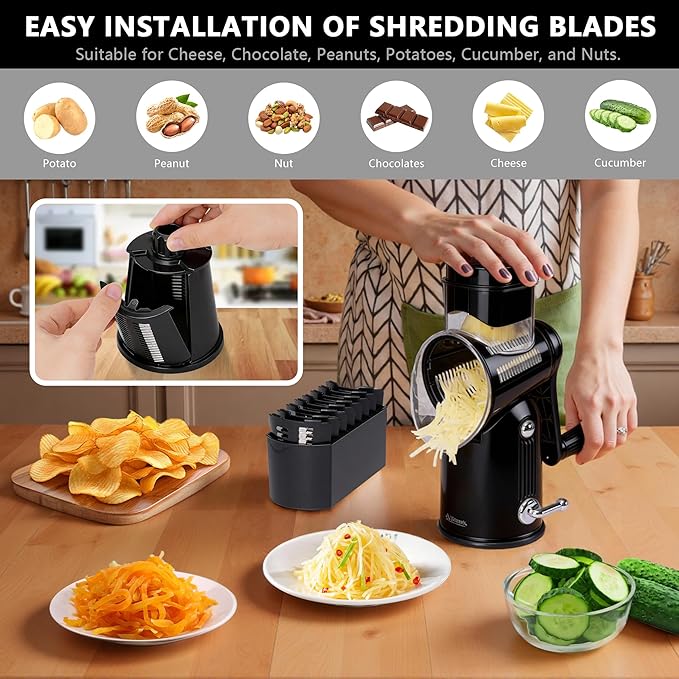 Rotary Cheese Grater with Handle – Includes 5 Stainless Blades and Feature Strong Suction Base – Easy to Clean, Cheese Shredder Hand Crank, Multi-Purpose Slicer (Black)