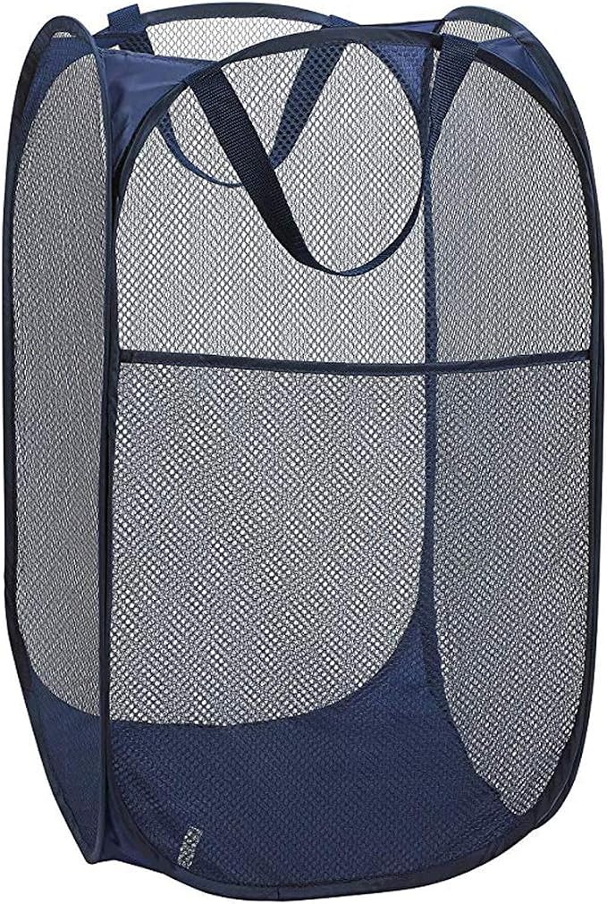 Larpur Popup Mesh Laundry Basket, Collapsible Clothes Washing Laundry Hamper with Reinforced Carry Handles, Portable Foldable Dirty Clothes Hamper for Home Dorm Cruise Travel (Blue)