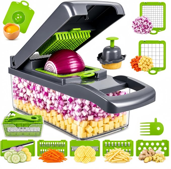 Vegetable Chopper, Onion Dicer & Mandoline Slicer with Container, Grey | Veggie Cutter with 8 Stainless Steel Blades & Drain Basket. Fast Food Chopper for Salad, Potato, Tomato, Cucumber & Carrot