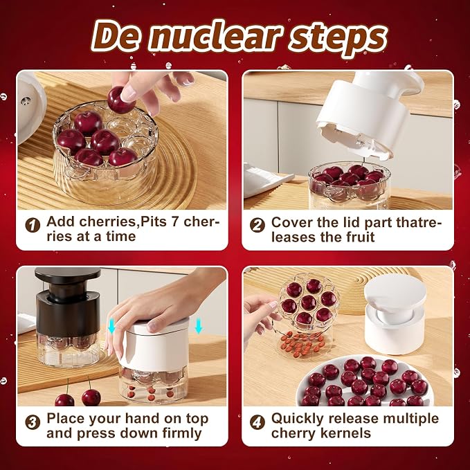 Cherry Pitter 7-in-1 Push Button Cherry Core Pitter Tool kitchen | Built-in Splatter Protector, Dishwasher Safe, Great for Homemade Cherry Jam Desserts Suitable for chefs, Pastry