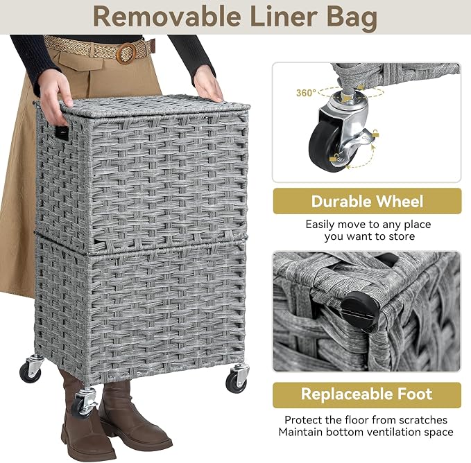 Chrislley Wicker Laundry Basket with Wheels,Rolling Laundry Hamper with Lid | 90L Slim Clothes Hamper with Wheels & Removable Liner Bag, Handwoven Rattan Laundry Organizer for Bedroom, Bathroom, Grey