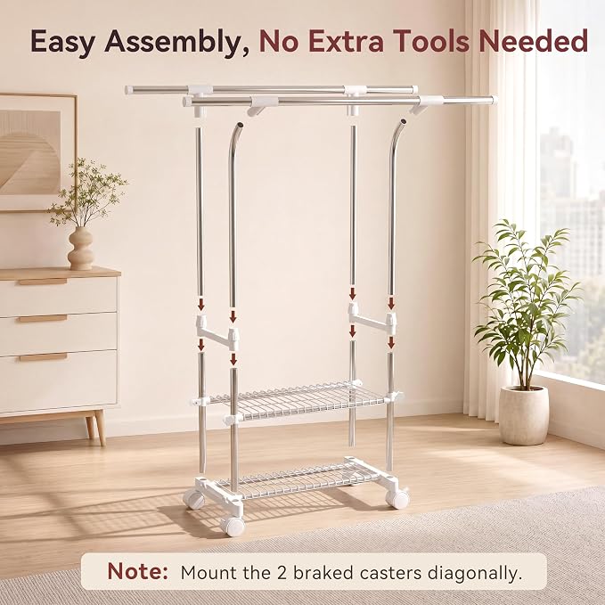 RORA Double Rod Clothes Rack, Clothing Rack with wheels, Extendable, Silver | Stainless Steel, Ideal for Bedroom & Laundry Room, Height-Adjustable, 2-Tier Shelves, Portable Garment Rack, Wardrobe Rack