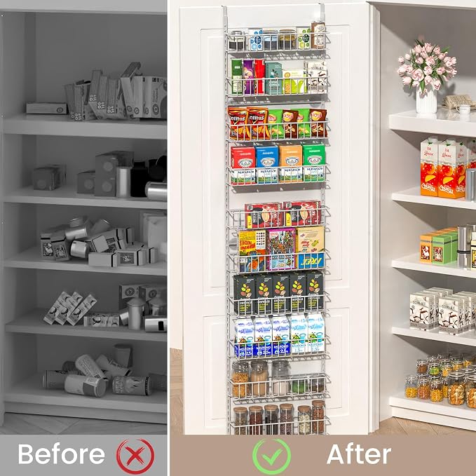 ElegantArray 9-Tier Pantry Door Organizer, Light Gray | Over The Door Pantry Organizer Rack and Storage, Hanging Spice Rack Shelves Door, Home Office Laundry Room Bathroom & Kitchen