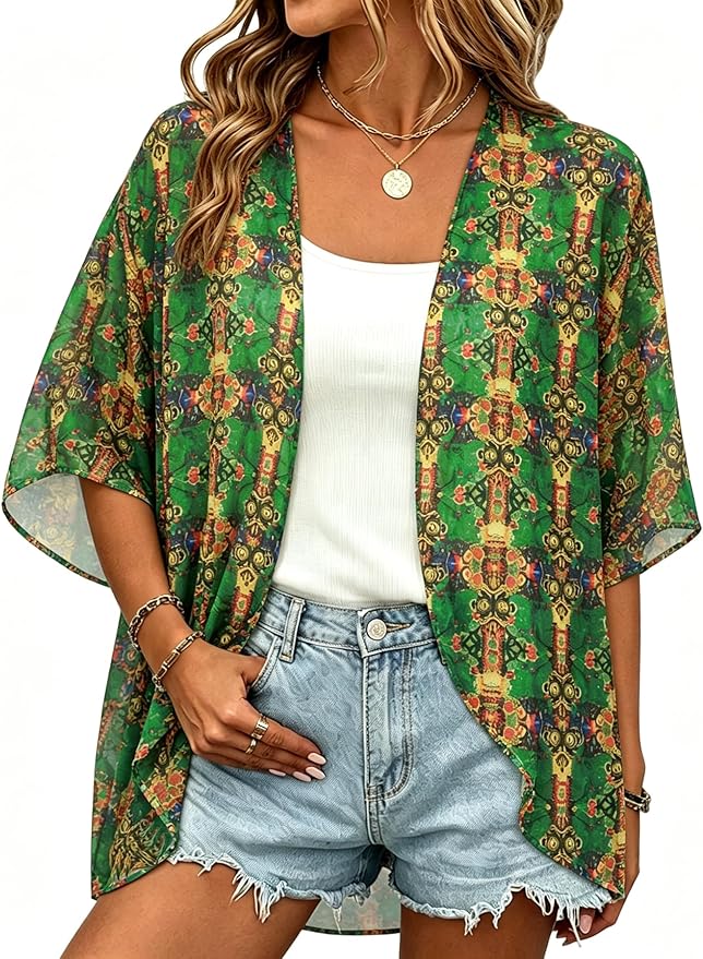 Women Kimono Cardigans Summer Cover Up Hawaiian Shirts Floral Print Tops | ROSEMIA chiffon kimono open front cardigans, beach cover ups, daily casual tops, cruise outfits, summer resort wear